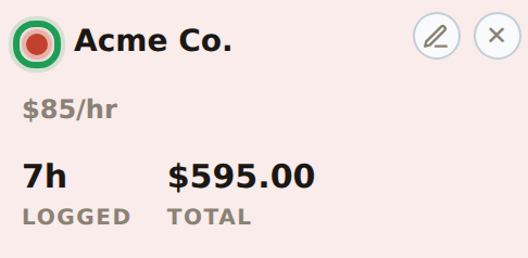 A new client tile showing its color dot, name, and logged hours/total, with the color dot outlined in green.