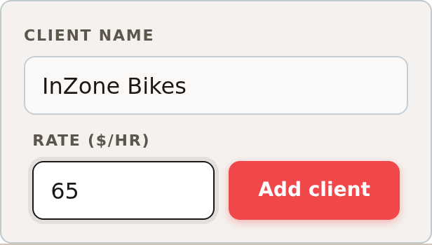 The mobile Add client form, stacked as Client name above Rate and Add client, with a client name and rate typed in.
