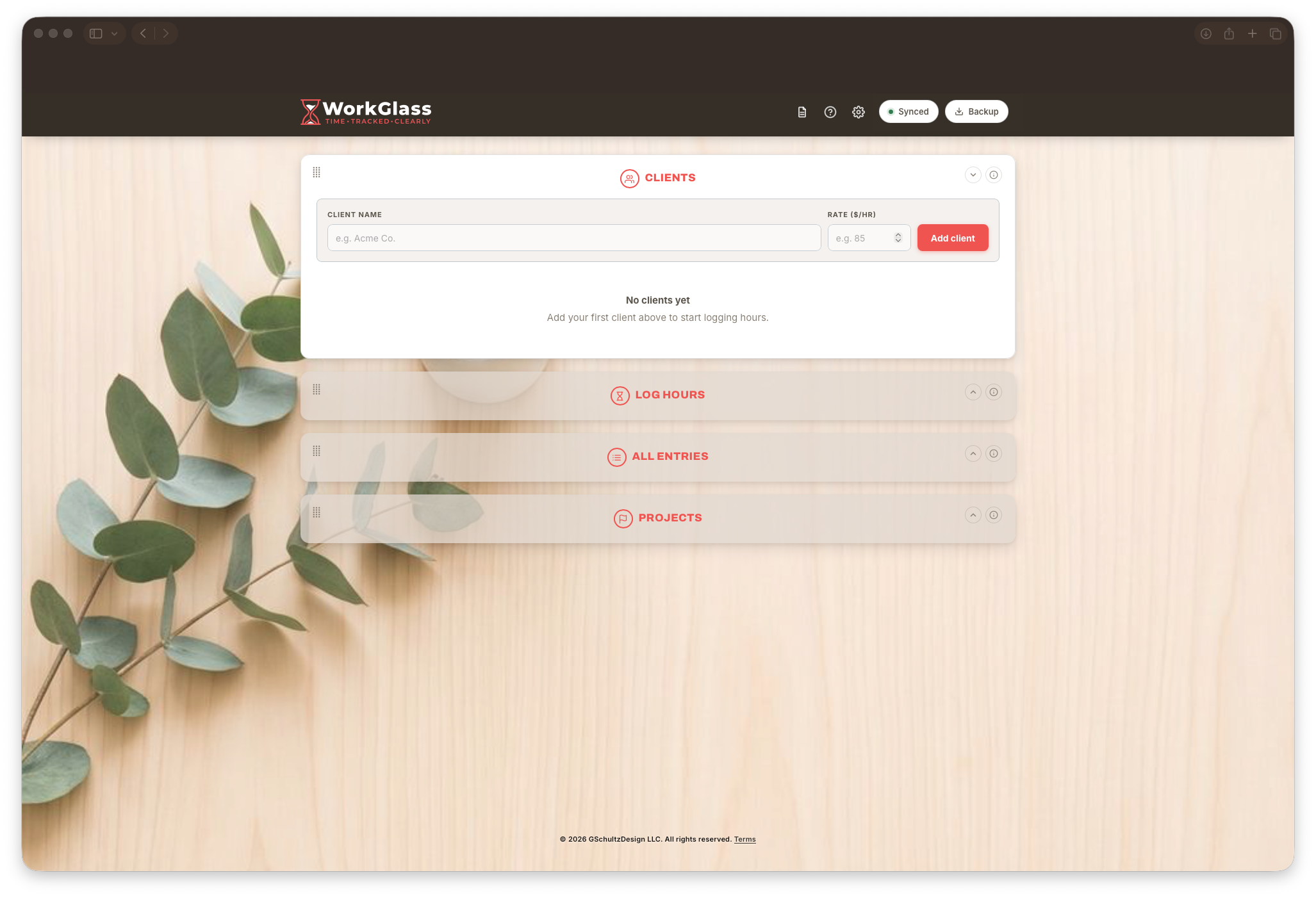 The full dashboard, with Log hours, All entries, and Projects collapsed to bars and the Clients card open and empty.