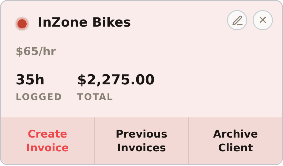 The InZone Bikes client tile from the dashboard, with its Create Invoice, Previous Invoices, and Archive Client actions.