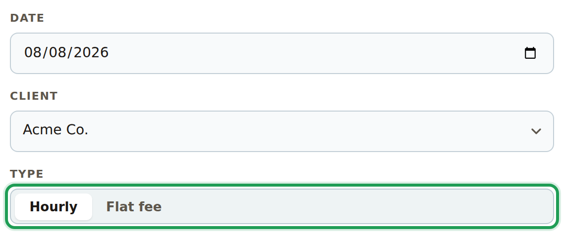 The Log hours card with Date, Client, and the Hourly/Flat fee toggle outlined in green.