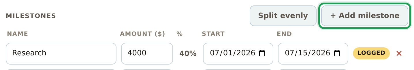 The Milestones section with a Logged tag on the first row and the Add milestone button outlined in green.