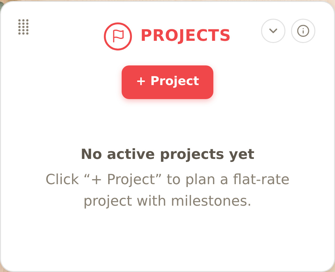 The empty Projects card, with a + New project button and a prompt to plan a flat-rate project with milestones.
