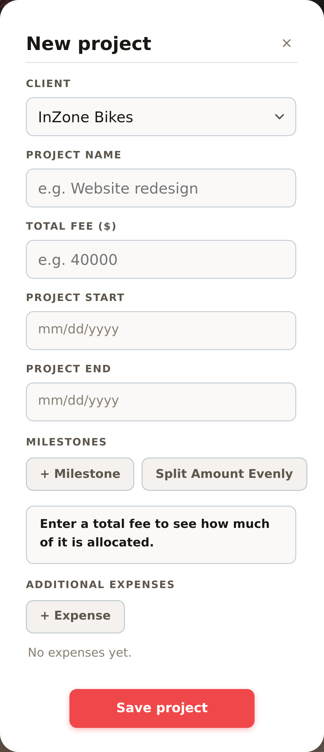 The New Project dialog on mobile: client, project name, total fee, and dates, plus milestones and additional expenses below.
