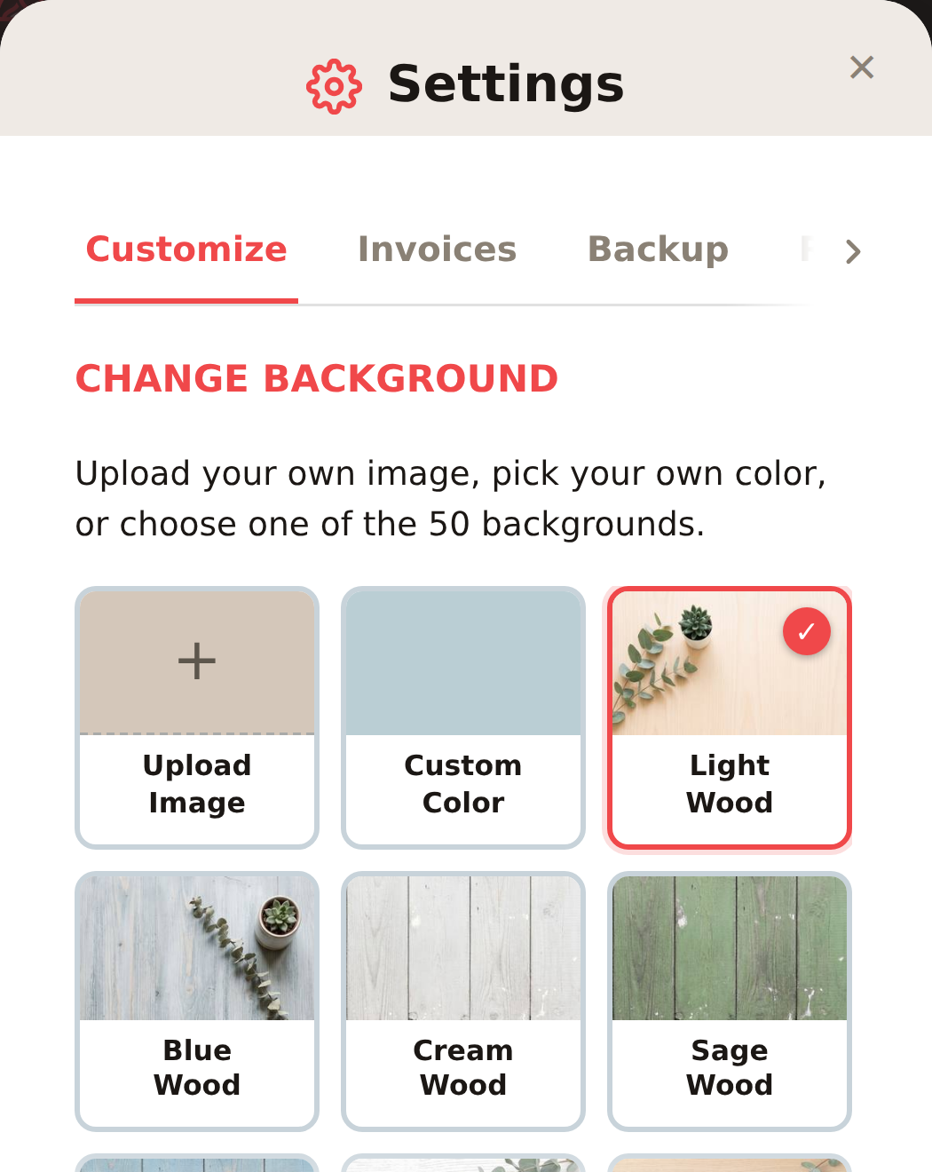 The Settings Customize tab on mobile, showing the background picker with Upload Image, Custom Color, and photo tile options, and Light Wood selected.