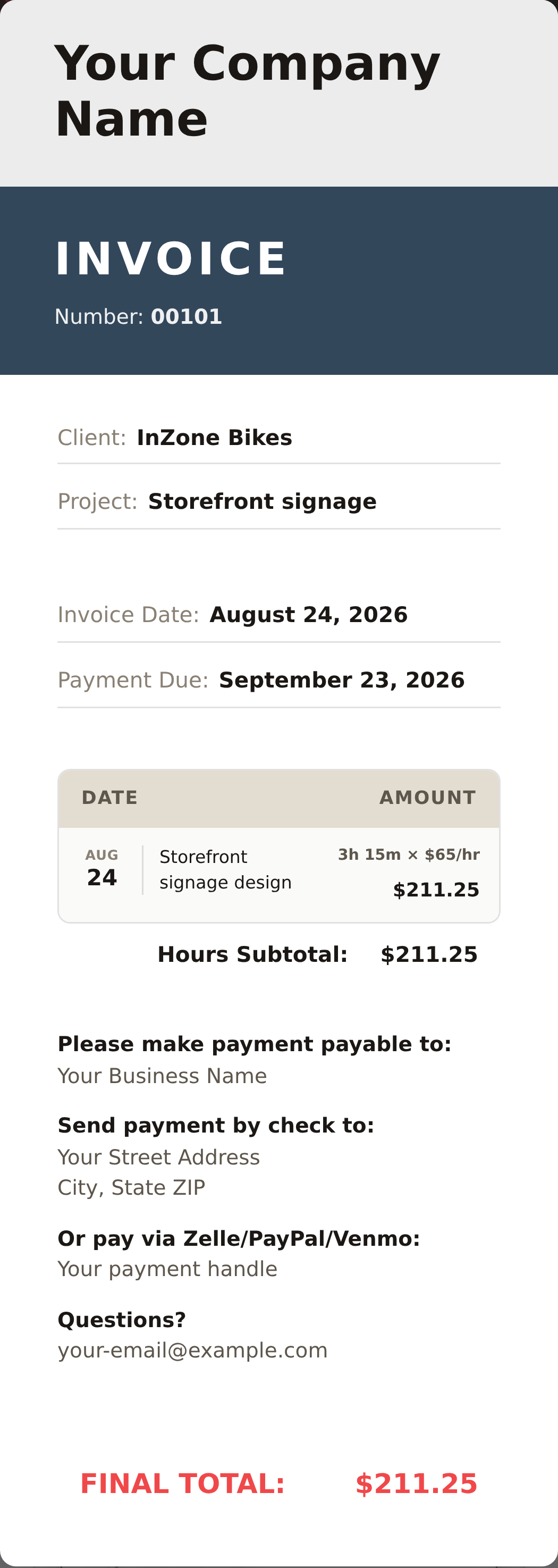The real generated invoice for InZone Bikes on mobile: Storefront signage, 3h 15m at $65/hr, $211.25 total.