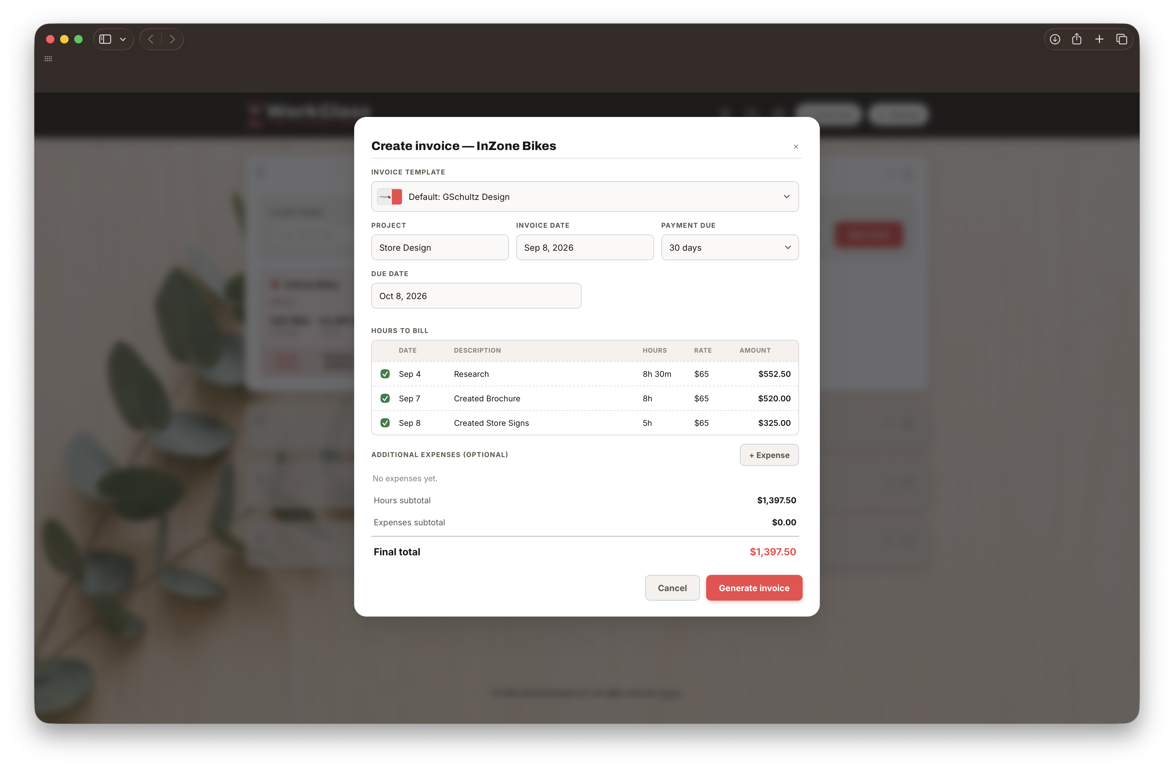 The Create invoice dialog for InZone Bikes: Hours to bill filled in, Additional Expenses still empty, Final total $1,397.50.