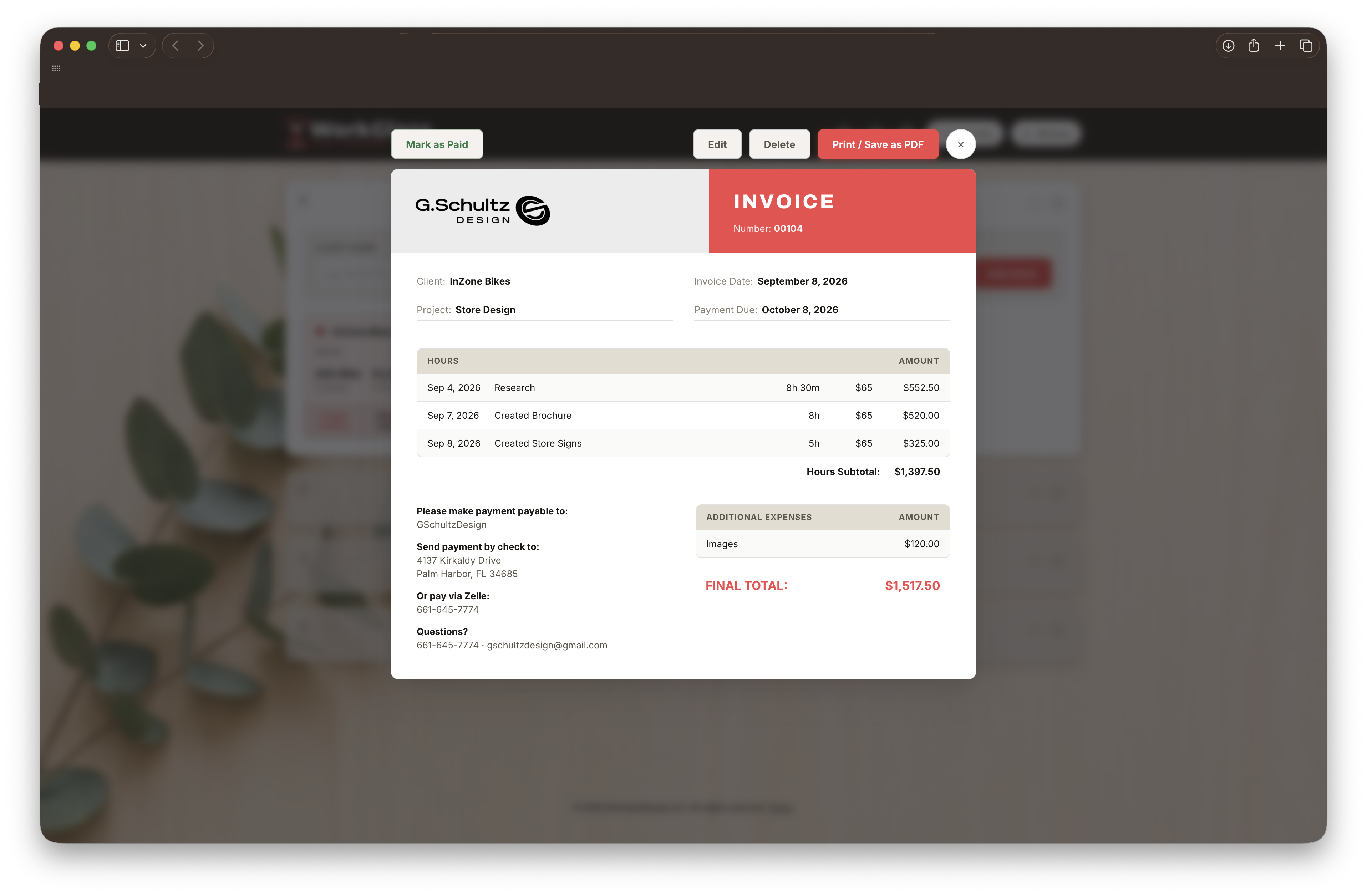 The real generated invoice for InZone Bikes: G.Schultz Design letterhead, Invoice Number 00104, Hours totaling $1,397.50 plus an Images expense of $120.00, Final total $1,517.50.