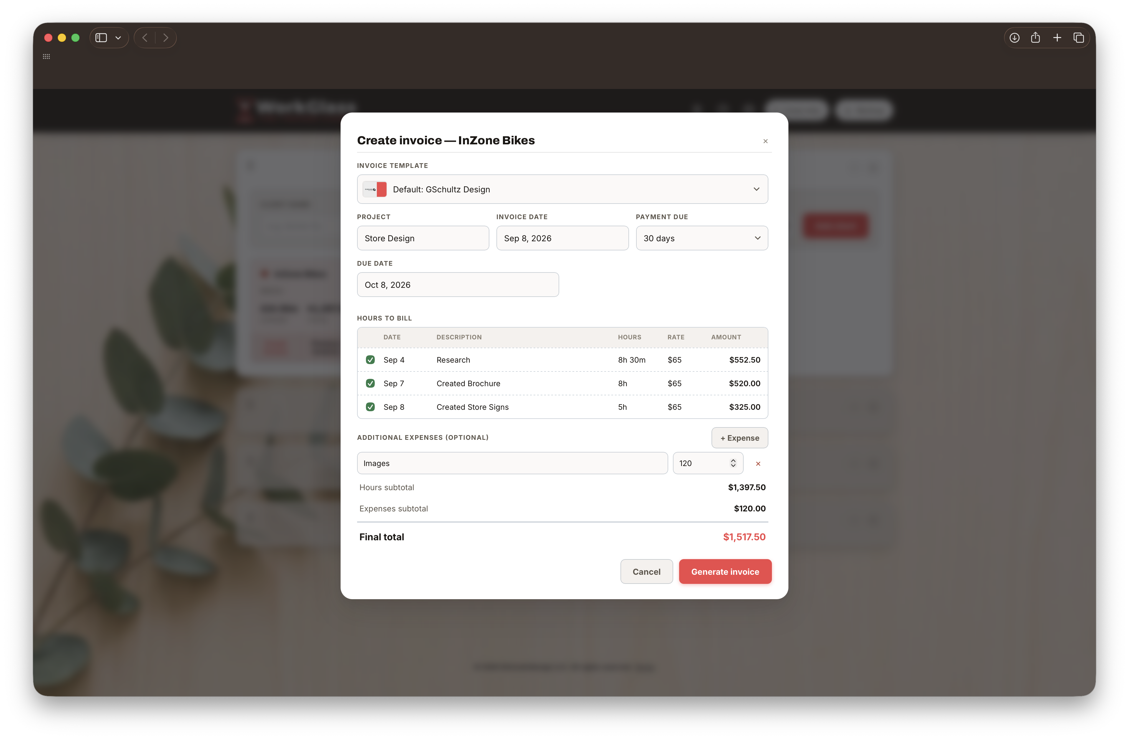 The same Create invoice dialog, now with an Images $120.00 row under Additional Expenses and Final total updated to $1,517.50.