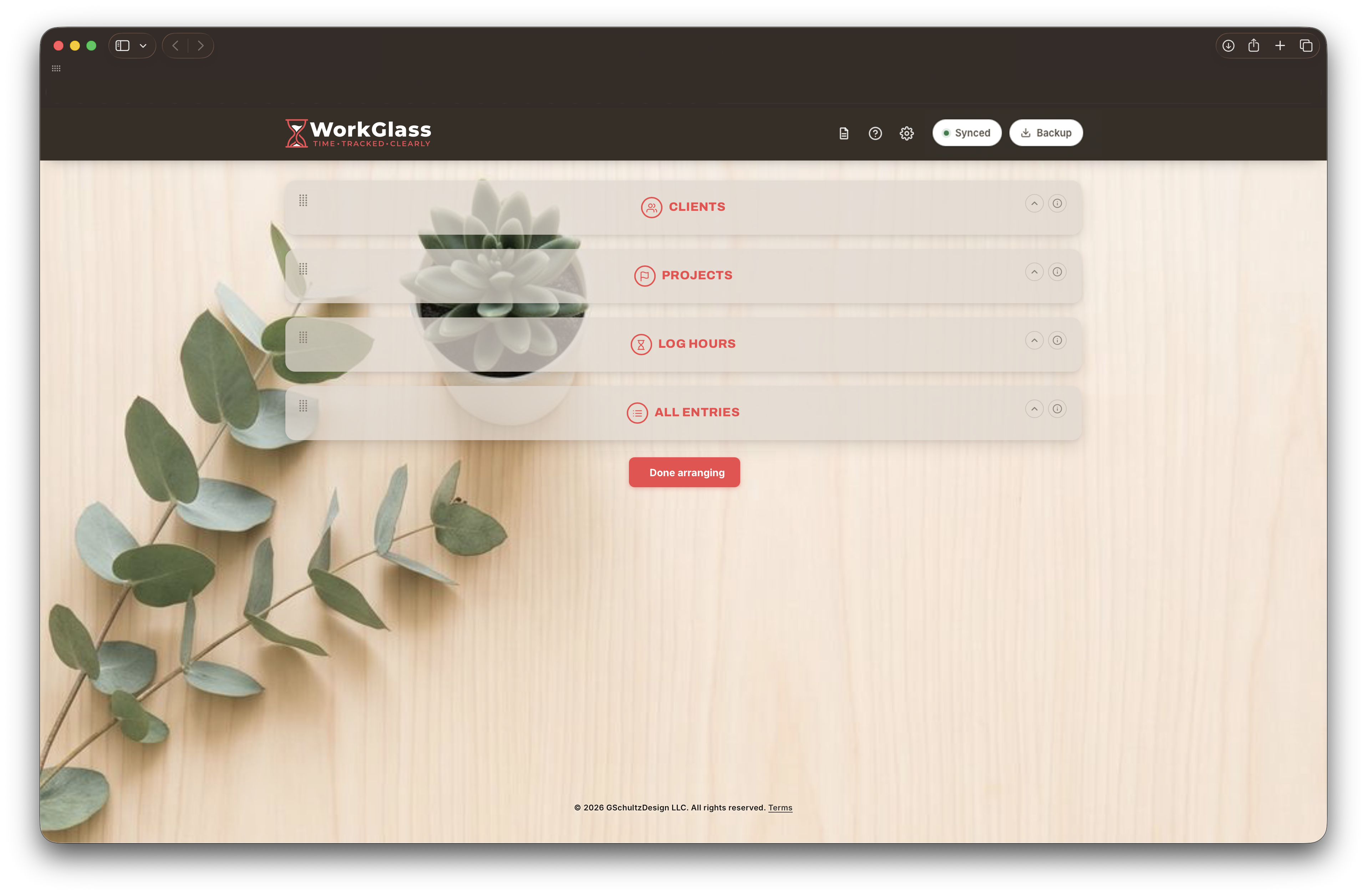 The dashboard collapsed into a stack of compact bars for reordering — Clients, Projects, Log hours, All entries — each with its own drag grip, and a Done arranging button below the stack.