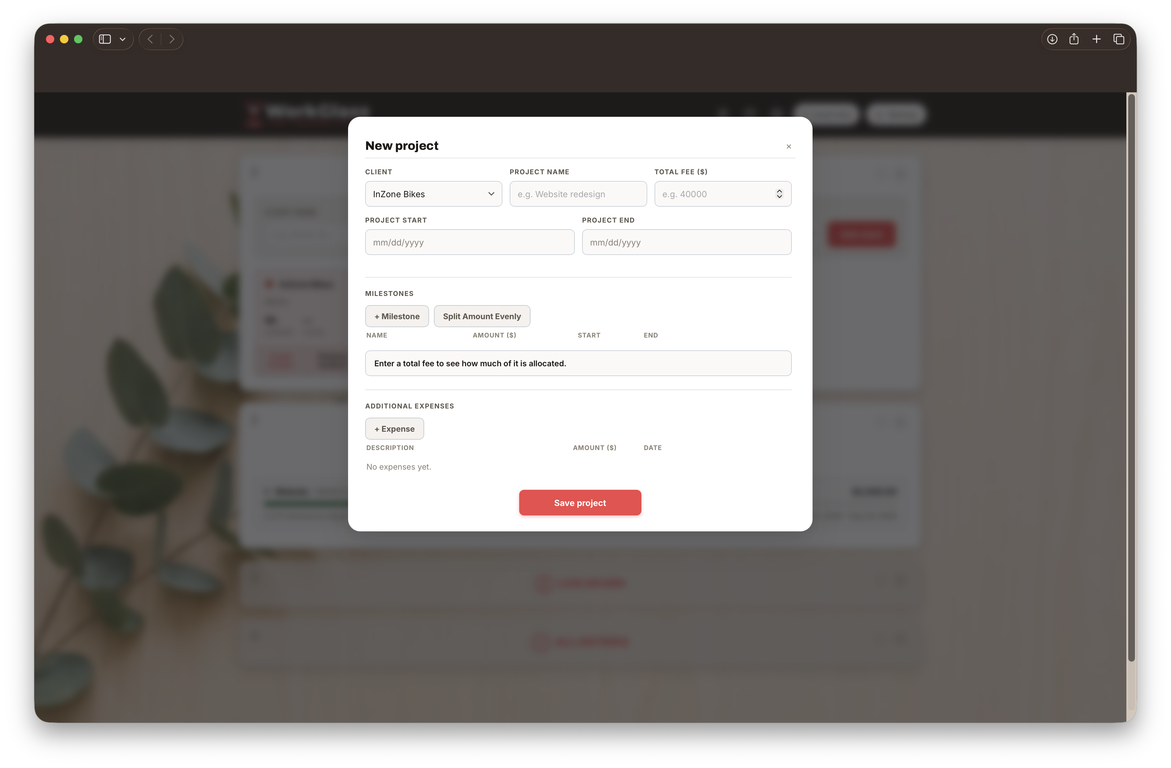The New Project dialog open over the dashboard: Client, Project name, Total fee, and dates at the top, Milestones and Additional expenses below, and the Save project button at the bottom.