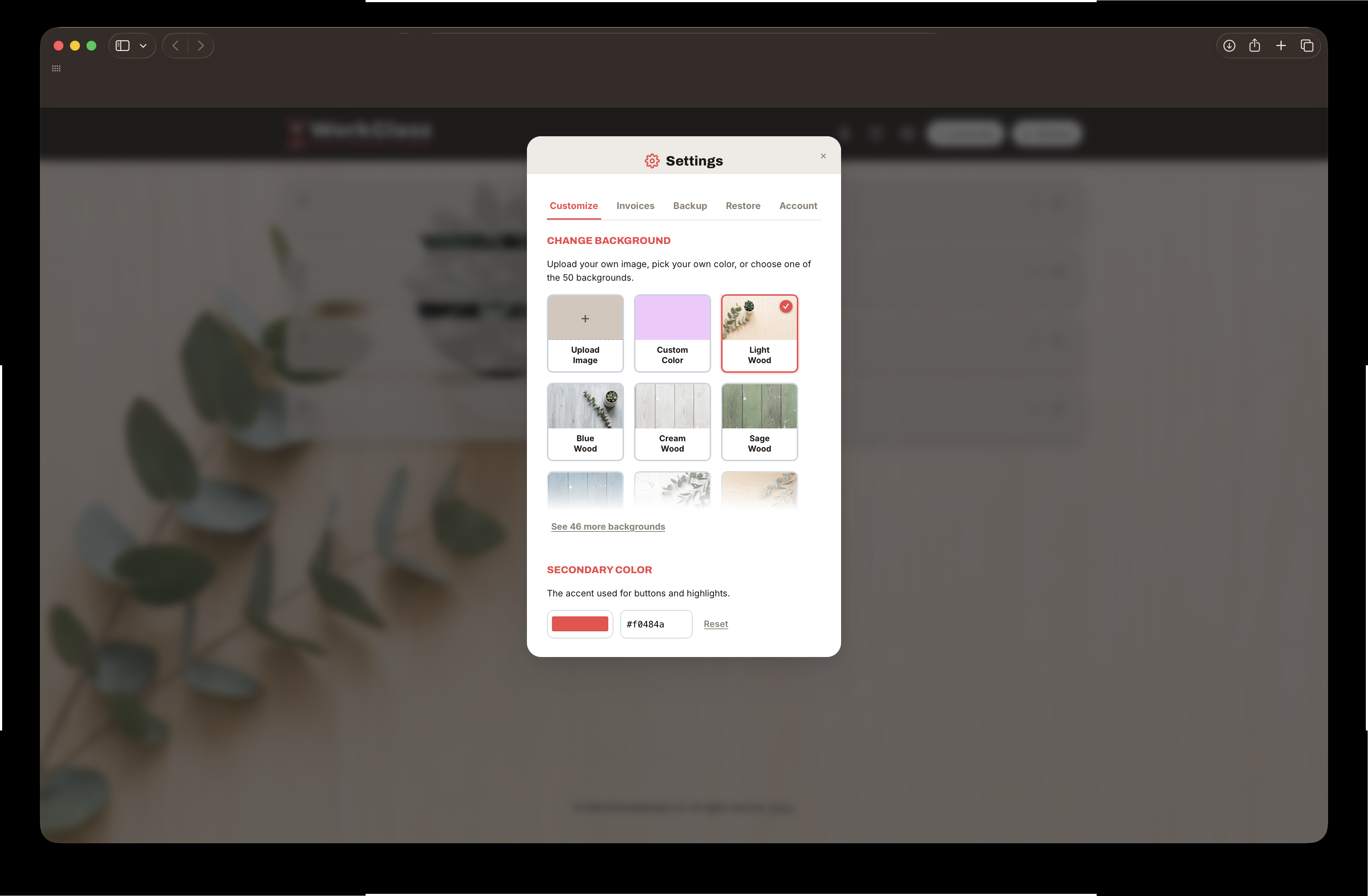 The Settings dialog's Customize tab: a grid of background options with Light Wood currently selected, and a Secondary color swatch below it.