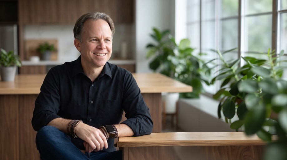 Greg Schultz, smiling warmly in his studio.